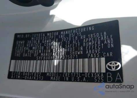 2015 Toyota Corolla S Plus from USA, damaged, VIN 5YFBURHE2FP325071